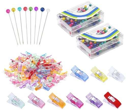 200 Stück Stecknadeln mit Kopf, Mehrfarbig Plastikopfnadeln, Stecknadeln Metall Stoffklammern 50 Stück Nähklammern zum Nähen, Nähen Zubehöre für Basteln Quilten Säumen