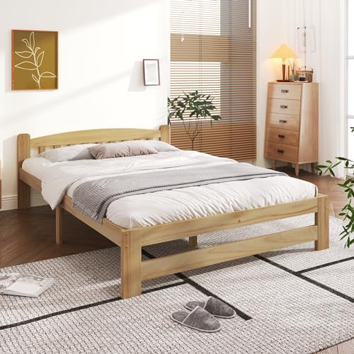 Futonbett mit Kopfteil Einzelbett Massivholz Bettrahmen für Schlafzimmer Gästezimmer Familienbett für Erwachsene Jugendliche Gästebett Ohne Matratze Holzfarbe 140x200 cm