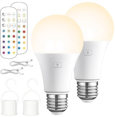 Behogan 2 bombillas LED E27: bombilla recargable, lámpara regulable con mando a distancia, función de temporización, lámpara con mando a distancia para camping e iluminación interior