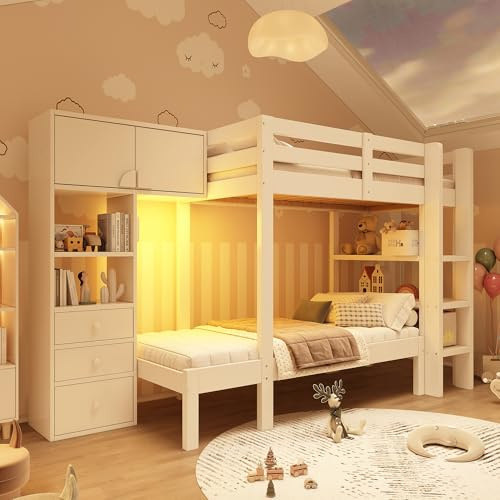 Gxffipw Etagenbett 2 Kinder Kinderbett 90x200 cm mit Nachtlicht und Rausfallschutz, Hochbett mit Versetztes Design und Schrank, Stockbett Holzbett Bettrahmen mit Lattenrost aus Holz, Weiß, Ohne Matrat