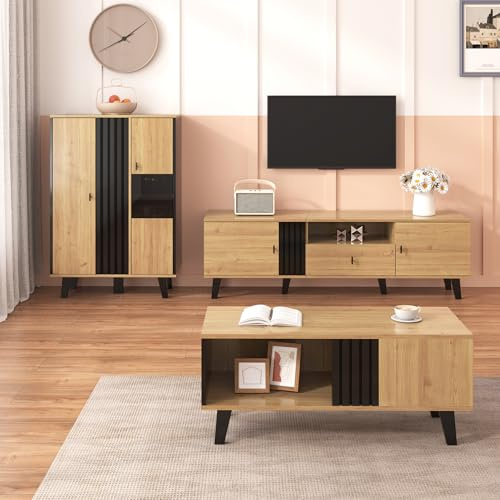 FammyLoft Living Room Furniture Set, 3-Piece–TV Cabinet with One Drawer and Two Doors, Sideboard with Three Adjustable Shelves and LED Lighting, and Coffee Table, Black and Wood