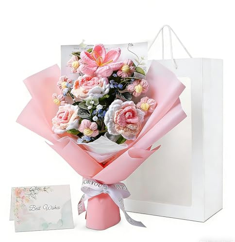 KBIBCK Crochet Flower Bouquet, Knitted Flowers, Knitted Flower Bouquet, Handmade Knitted Rose Arrangement with Gift Bag & Greeting Card for Home Decor Anniversary Wedding Birthday Mother's Day (Pink)