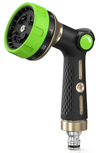 RAINPOINT Hose Pipe Spray Gun, 10 Patterns, Heavy Duty Metal Garden Hose Spray Gun with Thumb Flow Control, High Pressure Hose Nozzle Sprayer for Watering Plants, Lawns, Car and Pet Washing, Green