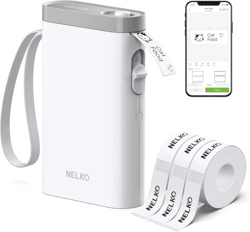 Nelko P21 bärbar Bluetooth-etikettmaskin, trådlös klistermärkeskrivare med flera mallar för organisering och förvaringsmärkning, med 3 rullar termisk tejp (14 x 40 mm), vit
