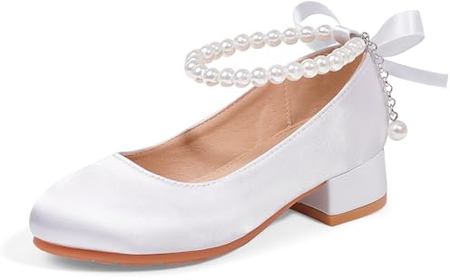 KDVOG Girls Dress Shoes Toddler Heels Pumps Decorative Pearls Ankle Strap Flower Girl Little Big Kids Mary Jane School Wedding Party Princess Shoes(White Satin,Little Kid 1)