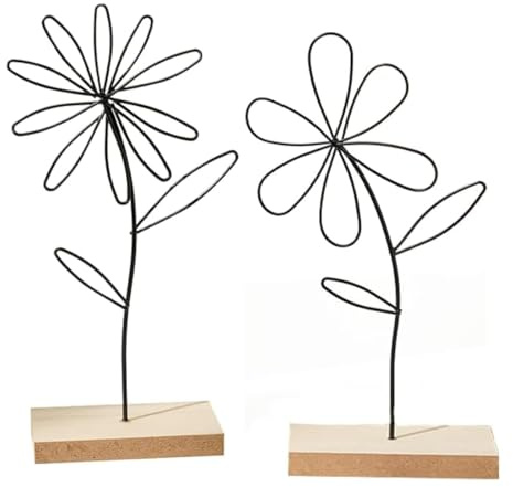 Luxorium 2er Set Deko Blumen Metall Schwarz auf Holzsockel Moderne Frühlingsdeko Innen Tischdeko für Wohnzimmer Fensterbank und Flur