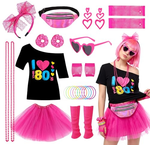 27 pièces accessoires de costume des années 80 - Robe de soirée disco des années 90 - Néon - T-shirt tutu - Bracelet fantaisiste - Ensemble de lunettes - Bracelet - Colliers - Jambes chaudes - Tenue
