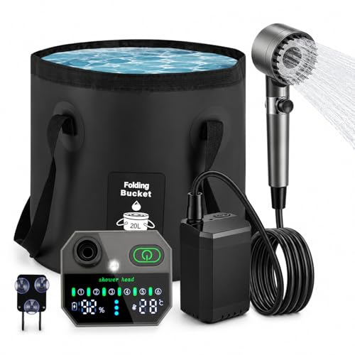 Campingdusche mit Pumpe, 12000mAh Camping Dusche mit LED Licht & Temperaturanzeige, 6 Stufen Outdoor Dusche Mobile Dusche Set mit 20L Faltbarer Eimer für Camping Garten Strand Camping Shower