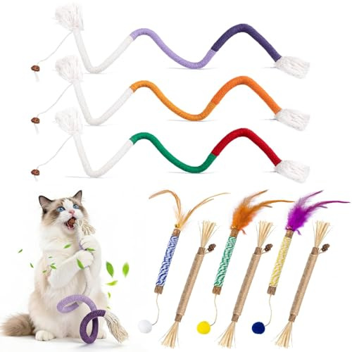Rimotedeso Katzen Spielzeug Set, 9 Stück, 3 Baumwollspielzeuge 3 Federn 3 Katzenminze Stäbchen, Zahnpflege Langeweile Vertreiben, Natürlich Sicher, Für Wohnungskatzen Kitten