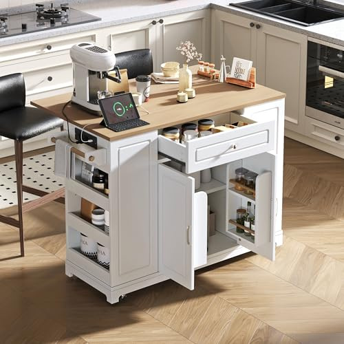 Bladez Isola da cucina con ruote e zona pranzo estraibile, isola da cucina mobile con cassetti multifunzione, scomparto per pattumiera e spazio portaoggetti, moderno carrello da portata per cucina e