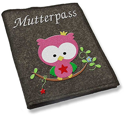 Mutterpass Mutterpasshülle Filz Eule auf Ast bestickt Farbwahl schwarz weiß grau rot blau lila pink grün gelb türkis rosa Handarbeit (dunkelgrau)