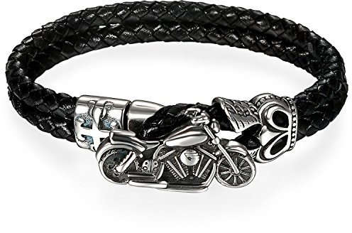 JewelryWe Schmuck Herren Biker Armband, Punk Rock Krone Kreuz 2 Geflochten Lederketten Armreif mit Motorrad Verschluss, Edelstahl Leder, Schwarz Silber