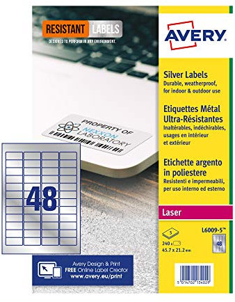 Avery L6009-5 Etiketten, A4, 46 x 21 mm, silberfarben, 240 Etiketten