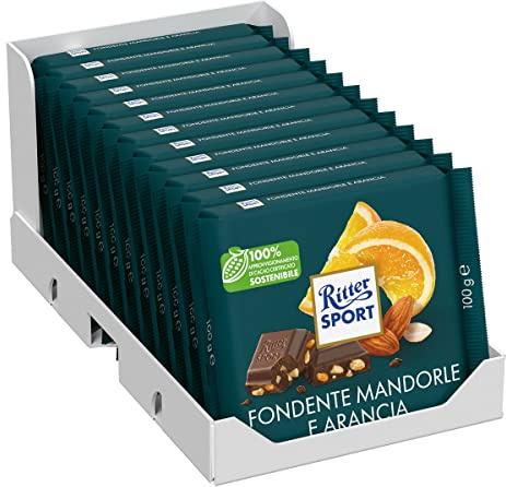 Ritter Sport Fondente Mandorla Arancia, Cioccolato, 12 Pezzi da 100 g | Fondente con granella di mandorle e cubetti di scorze d'arancia candita, cacao 100% certificato sostenibile