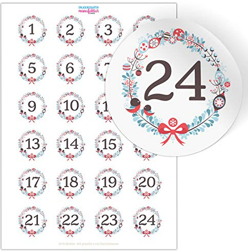 Adventskalender-Zahlen Aufkleber 1 bis 24 / Wunderbares Design, große Zahlen/Weihnachtskalender Etiketten rund/Advent/DIY/zum Aufkleben