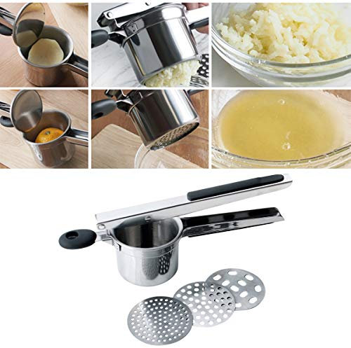 Haokaini Schiacciapatate Schiacciapatate Manuale in Acciaio Inox con Dischi Fini/Medi/Grossi Pressa Schiacciapatate Ideale per Verdure Pappe Frutta Patate