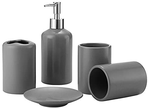 YUNM Bad Zubehör Set Mit Seifenspender, Seifenschale Und Zahnputzbecher, Zahnbürstenhalter, Badezimmer Zubehör Set, Edles Bad Zubehör Grau