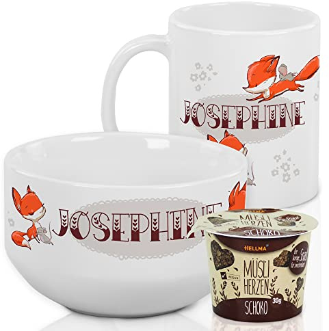 GRAZDesign Frühstücksset Fuchs mit Name – Müslischale & Tasse Keramik | Personalisiertes Geschenkset aus Keramik für kleine Fuchs-Fans