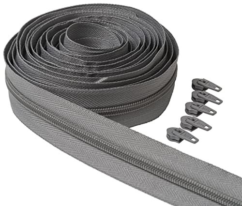 IPEA Endlos Reißverschluss Grau 5 Meter + 15 Schieber aus Metall – Kette Größe #5 – Made in Italy – Durchgehender Reißverschlüsse mit Zipper aus Nylon – Zuschneidbar für Meterware – Breite 30 mm