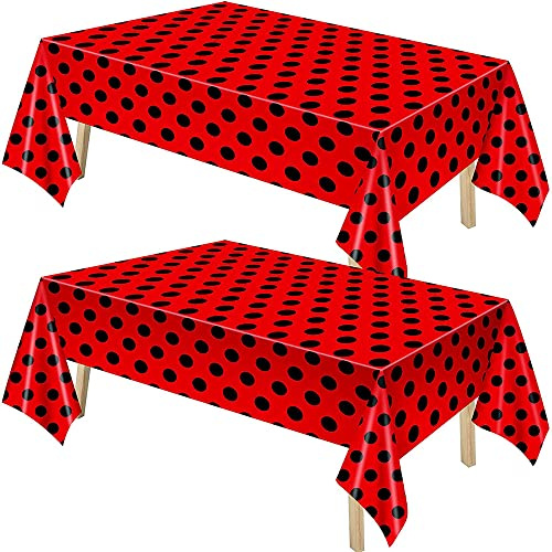 Ghberll Marienkäfer-Tischdecke, Partyzubehör, Geburtstagstischdecke, Vintage-Stil, gepunktet, Schwarz und Rot, Kunststoff-Tischdecken, Dekorationen, Gastgeschenk-Set für Mädchen, Babyparty, 213 x 130