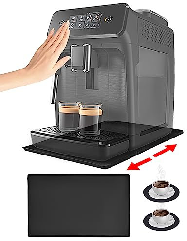 Xespis Unterlage Kaffeemaschine, Silikonmatte mit Rand, 47 x 29 cm, Kaffeevollautomat Unterlage, Anti-Rutsch und Wasserdicht, Unterlage für Kaffeemaschine, Küchenmaschine + 2 Stück Untersetzer,Schwarz