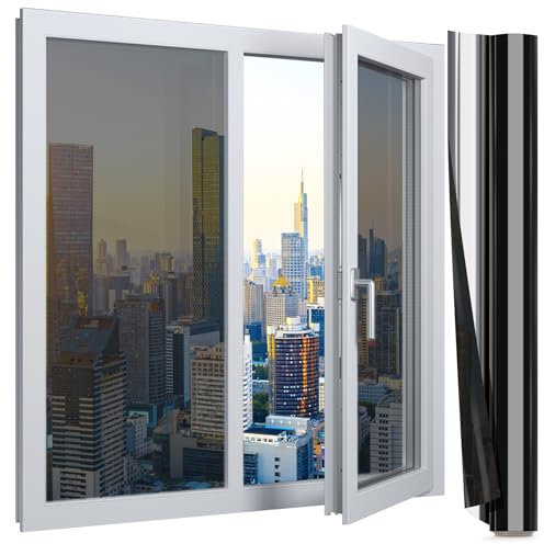 NAKIYO One Way Window Film Privacy Light Blocking, Reflective Window Tint Film Sun Blocker Anti UV Heat Control, No Adhesive Blackout Window Stickers for Office Home (Silver Black) 44.5x200cm