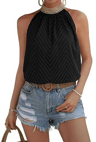 GORGLITTER Neckholder Oberteil Damen Bluse Elegant Blusentop Durchsichtige Spitzen Top Ärmellose Bluse Sommer Blusenshirt Schwarz M