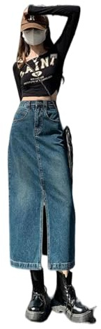 TEidea Gonna Jeans Donna Maxi Gonna retrò in Denim: Gonna Lunga in Denim A Vita Alta con Spacco Frontale per Donna, Gonna A Matita Dritta-Blu Vintage-M