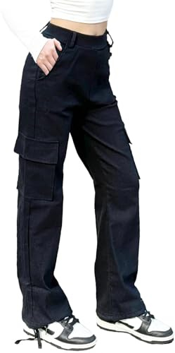 Nuofengkudu Cargobyxor kvinnor raka ben justerbar manschett 4 fickor hög midja stretch arbete strid byxor tonåring skola streetwear casual, Svart, S