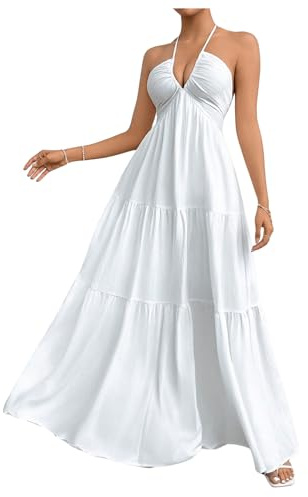 SHENHE Women's Deep V Neck Tie Knot Backless Halter Dress A Line Flowy Ruffle Maxi Dress White X-Small
