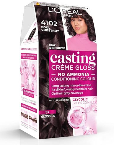 L’Oréal Paris Ammonia Free Semi-Permanent Hair Dye, 4102 Cool Chestnut, Glossy Hair Colour, Natural Looking Finish, For up to 28 Shampoos, Casting Crème Gloss, 1 Application