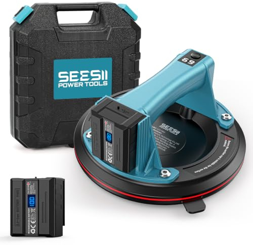 SEESII Elektrischer Saugheber, 8 Zoll Akku Vakuum Saugheber Glas mit 2x 2400mAh Akkus, Automatischer Nachsaugung, Tragkraft Max.270KG Fliesenheber Glassauger, Vakuumheber Glasheber für Fliesen, Marmor
