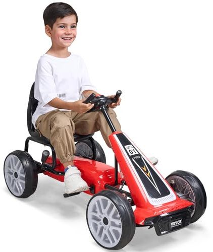 VEVOR Go-Kart, 4-Rad-Offroad-Tretauto für Kinder mit Lenkrad, ergonomisch verstellbarem Sitz und Handbremse, Eva-Rädern, Tretfahrzeug, Kinderfahrzeug für Kinder im Alter von 5–12 Jahren, Rot
