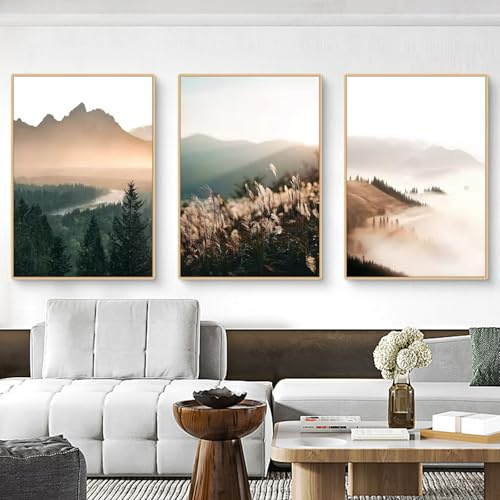 Ueiwffzo 3er Poster Set Landschaft Berge Natur Pampasgras Bilder, Modern Wandbilder Wanddeko, Leinwandbilder für Wohnzimmer Schlafzimmer, Ohne Rahmen (40x50cm)