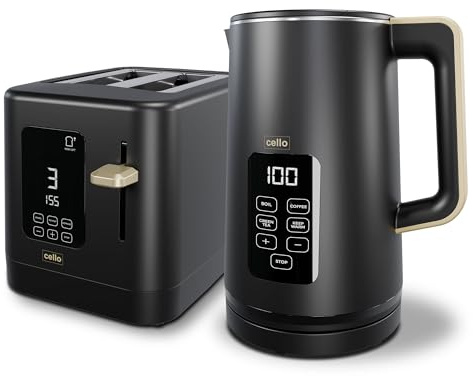Black 800W 2 Slice Toaster, 1.7L 3000W Digital Kettle | Toaster with Detachable Crumb Tray, Digital Control Panel with Countdown Timer, BPA-Free Auto Shut-off Electric Temperature Control Kettle