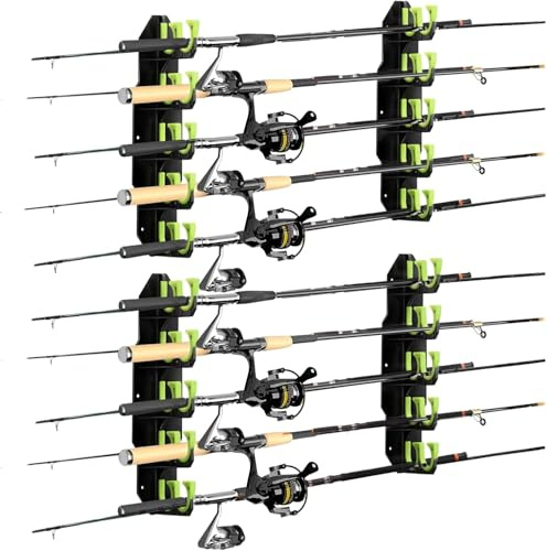 BOOSTEADY Soporte para Cañas de Pescar Estante de Cañas de Pescar para Garaje, Pesca Accesorios, Montaje en Pared o Techo, Equipo de Pesca, Verde, 2 Piezas