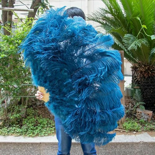 Abanicos de plumas de avestruz grandes y esponjosos, amarillos, plegables, de mano, para danza, fiestas, espectáculos, varios estilos, azul marino, 130 cm, 2 unidades