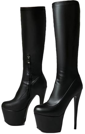Ceciloroda 15.5cm Ultra-High Stiletto Pole Dance Schuhe Knee High Stretch Stiefel Plateau Dressy Stiefel Stripper Heels für Damen Exotic Lack Black Size 46