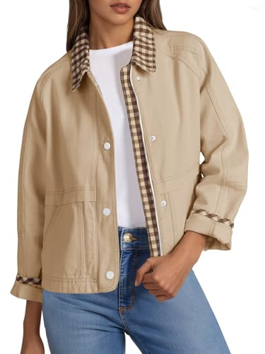 Tankaneo Veste courte légère et décontractée à fermeture éclair pour femme - Manteau d'extérieur à carreaux contrastés d'automne