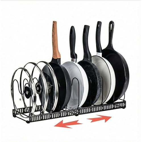 Amig - Organisateur de Poêles Extensible - De 6 à 10 Compartiments - Acier Noir - Rangement de Cuisine pour Couvercles et Poêles - Dimensions : 20 x 24 x 30-57 cm
