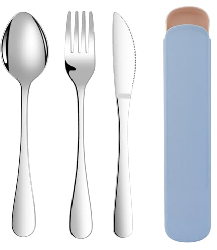 ABOHU Cutlery Set with Portable Pouch Case, 3 Piece Stainless Steel Flatware Set, Tableware Silverware Set with Spoon Knife and Fork Set, Mirror Polished, Dishwasher Safe - Blue