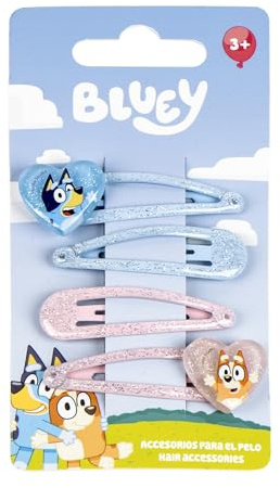 CERDÁ LIFE'S LITTLE MOMENTS Bluey & Bingo Set mit 4 Haarnadeln mit Glitzer – Metall-Haarspangen für Mädchen mit Glitzer in Rosa und Blau – offiziell lizenziertes Haar-Zubehör