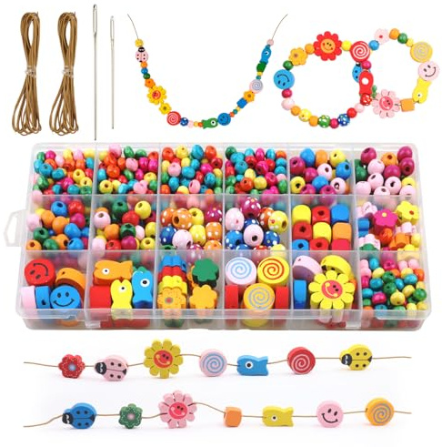 Holzperlen zum Auffädeln Kinder 504 Stk,Bunt Blumen&Tiere Perlen mit Schnur | Blumen,Tier,Rounde Designs mit Schnur.Perfekt für DIY-Armbänder,Schmuck & kreative Projekte,ideal für Kinder ab 4 Jahren
