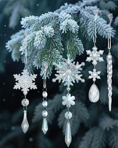 Weihnachtsbaum Deko, 20 Acryl-Anhänger als Weihnachtsbaumschmuck | Eiszapfen, Schneeflocken und Eistropfen im Set, transparente Weihnachtsanhänger für festliche Weihnachtsdeko