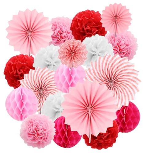 19 Stück Set Papier Blumenfächer & Papierblumen Pompons Rosa Hängende Girlande Dekoration für Hochzeit Geburtstagsfeier Gartenparty Tischdeko