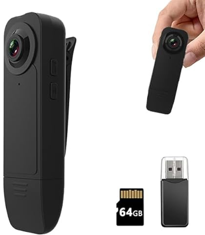 Body Cam HD 1080P, Mini Kamera con Audio e Video per Corpo, Videokamera con Visione Notturna Rilevamento Movimento per Registrazioni Lezioni Viaggi, Telecamera Spia per Sicurezza/Guardia(64 GB)
