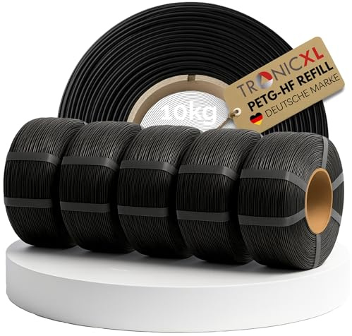 TRONICXL Lot de 10 kg de filament PETG-HF pour imprimante 3D Bambu Lab - 10 x 1 kg - Compatible avec bobine vide Bambulab (avec Notch) AMS AMS2 P2S, H2D, H2S, X1C, P1S, A1, P1P, A1 mini - Noir