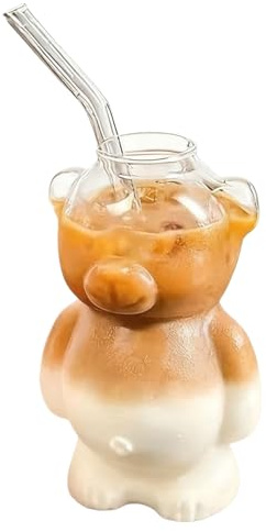 Cute Bear Glass Cups - Gobelet en verre transparent avec Straw, Kawaiii Bear-Shaped Glass Cup for Coffee, Milk Tea, Ice Drinks | Cute Mug for Iced Coffee, Latte, Chocolat Shake, Juice, Water