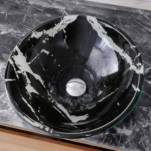 ZYCDP Glaswaschbecken Rund Waschbecken Aufsatz Glas 420 X 420 X 145 mm Ohne Hahnloch Schwarz