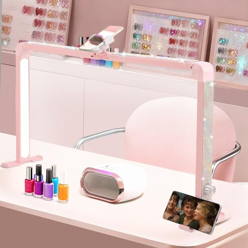 Ciyebst Nail Tech Lamp for Desk, 34 in Large Half Moon Light with Phone Holder, 48W Brightness Adjustable Lash ARC Light for Manicure, Tattoo, Spa, Salon, 3000K-6000K LED Manicure Lamp(Pink)